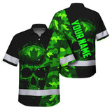 Hi Vis Hawaiian Shirt Reflective Tapes Green Camo Skull And CA Flag Custom Name Safety Workwear For Workers, Truckers, Operators, Canadian