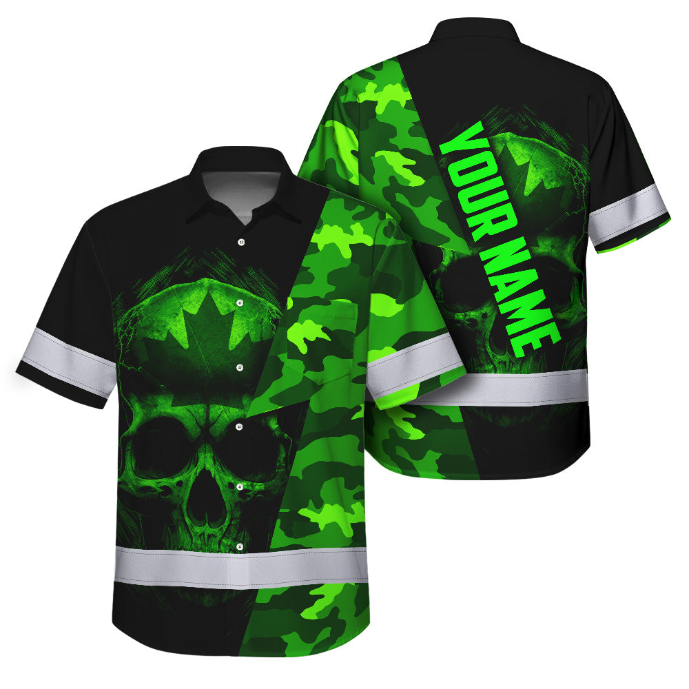Hi Vis Hawaiian Shirt Reflective Tapes Green Camo Skull And CA Flag Custom Name Safety Workwear For Workers, Truckers, Operators, Canadian