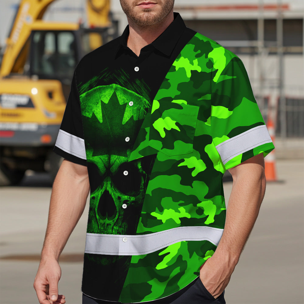 Hi Vis Hawaiian Shirt Reflective Tapes Green Camo Skull And CA Flag Custom Name Safety Workwear For Workers, Truckers, Operators, Canadian