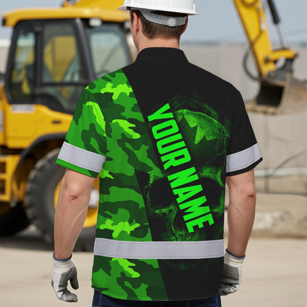 Hi Vis Hawaiian Shirt Reflective Tapes Green Camo Skull And CA Flag Custom Name Safety Workwear For Workers, Truckers, Operators, Canadian