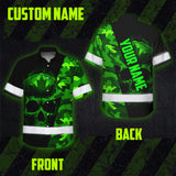 Hi Vis Hawaiian Shirt Reflective Tapes Green Camo Skull And CA Flag Custom Name Safety Workwear For Workers, Truckers, Operators, Canadian