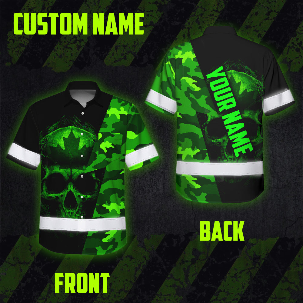 Hi Vis Hawaiian Shirt Reflective Tapes Green Camo Skull And CA Flag Custom Name Safety Workwear For Workers, Truckers, Operators, Canadian