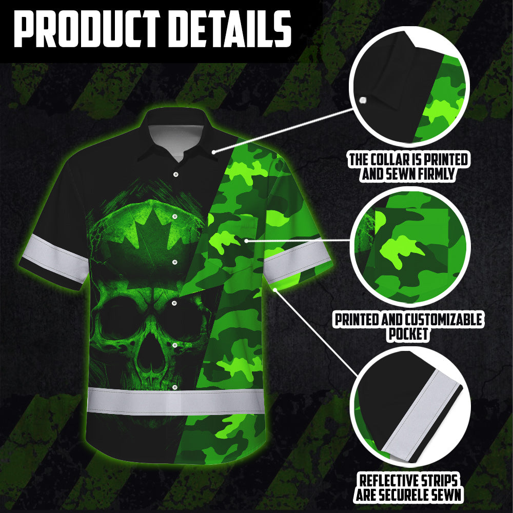 Hi Vis Hawaiian Shirt Reflective Tapes Green Camo Skull And CA Flag Custom Name Safety Workwear For Workers, Truckers, Operators, Canadian