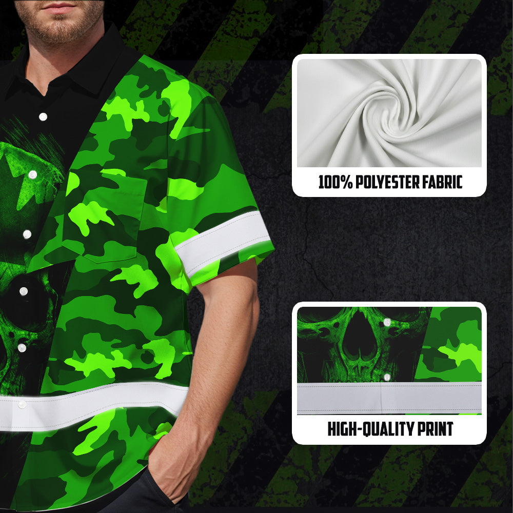 Hi Vis Hawaiian Shirt Reflective Tapes Green Camo Skull And CA Flag Custom Name Safety Workwear For Workers, Truckers, Operators, Canadian