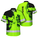 Hi Vis Hawaiian Shirt Reflective Tapes Green Skull And CA Flag Custom Name Safety Workwear For Workers, Truckers, Operators, Canadian