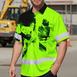 Hi Vis Hawaiian Shirt Reflective Tapes Green Skull And CA Flag Custom Name Safety Workwear For Workers, Truckers, Operators, Canadian