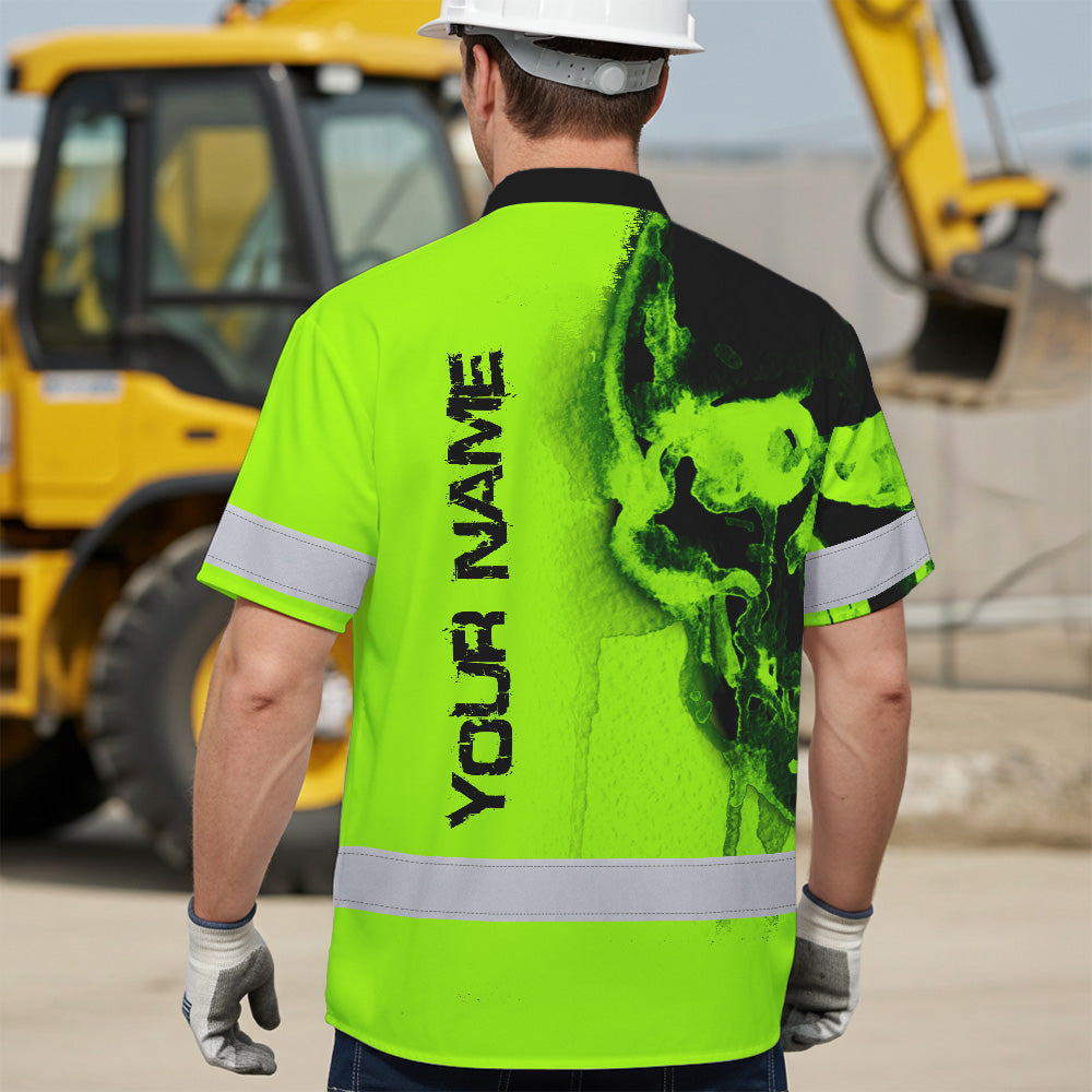 Hi Vis Hawaiian Shirt Reflective Tapes Green Skull And CA Flag Custom Name Safety Workwear For Workers, Truckers, Operators, Canadian