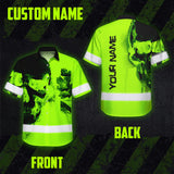 Hi Vis Hawaiian Shirt Reflective Tapes Green Skull And CA Flag Custom Name Safety Workwear For Workers, Truckers, Operators, Canadian