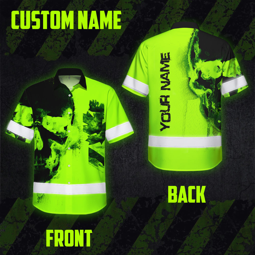 Hi Vis Hawaiian Shirt Reflective Tapes Green Skull And CA Flag Custom Name Safety Workwear For Workers, Truckers, Operators, Canadian