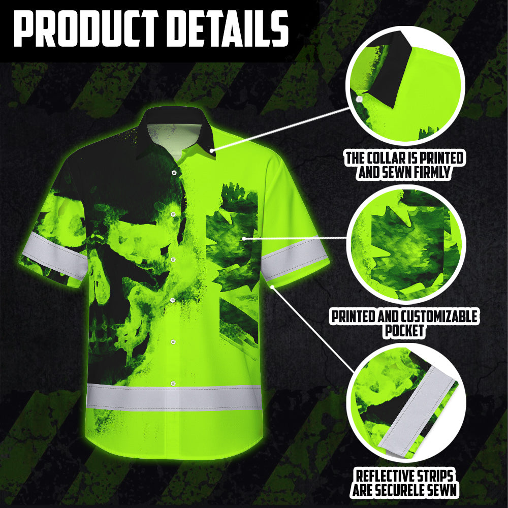 Hi Vis Hawaiian Shirt Reflective Tapes Green Skull And CA Flag Custom Name Safety Workwear For Workers, Truckers, Operators, Canadian
