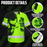Hi Vis Hawaiian Shirt Reflective Tapes Green Skull And CA Flag Custom Name Safety Workwear For Workers, Truckers, Operators, Canadian