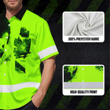 Hi Vis Hawaiian Shirt Reflective Tapes Green Skull And CA Flag Custom Name Safety Workwear For Workers, Truckers, Operators, Canadian