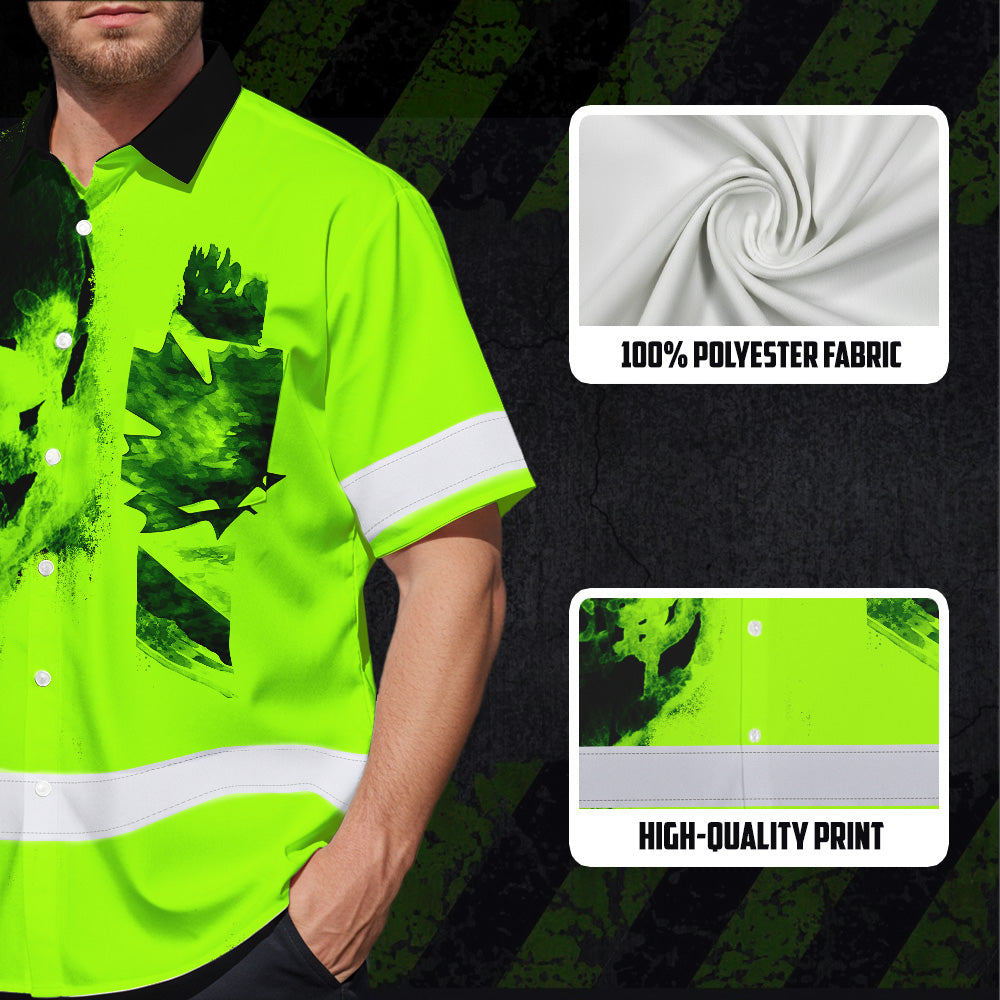 Hi Vis Hawaiian Shirt Reflective Tapes Green Skull And CA Flag Custom Name Safety Workwear For Workers, Truckers, Operators, Canadian