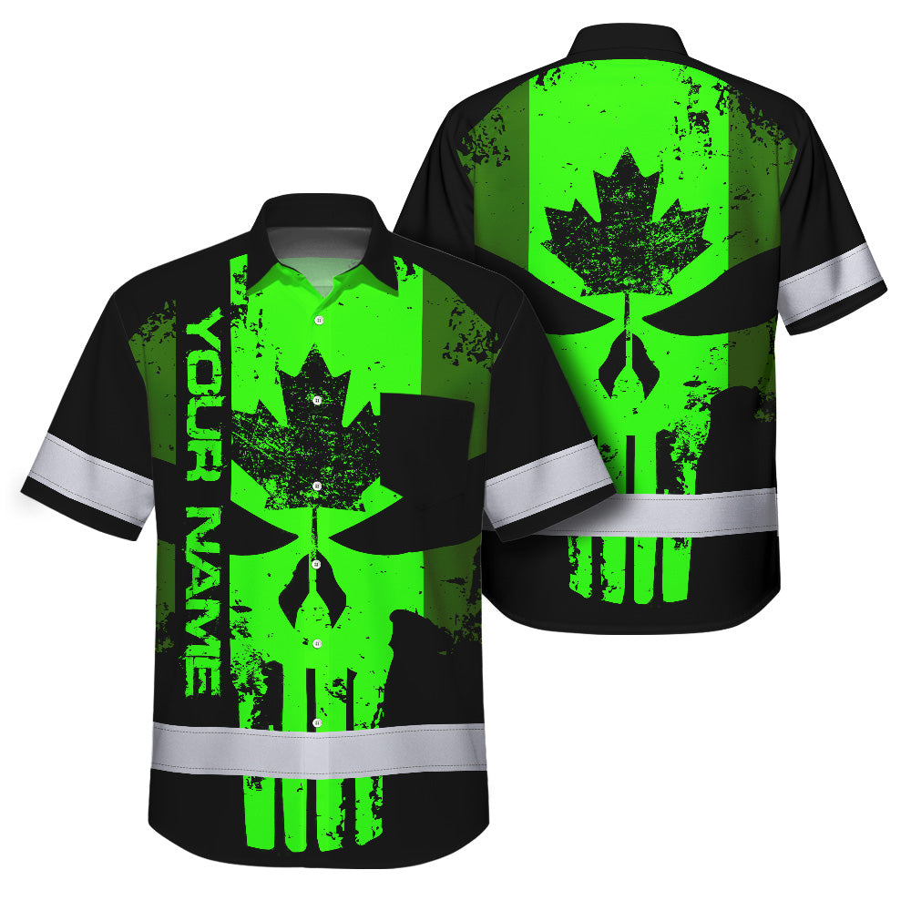 Hi Vis Hawaiian Shirt Reflective Tapes Green Skull CA Custom Name Safety Workwear For Workers, Truckers, Operators, Canadian