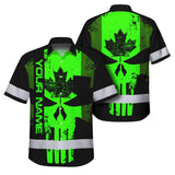 Hi Vis Hawaiian Shirt Reflective Tapes Green Skull CA Custom Name Safety Workwear For Workers, Truckers, Operators, Canadian