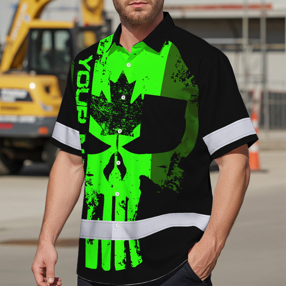 Hi Vis Hawaiian Shirt Reflective Tapes Green Skull CA Custom Name Safety Workwear For Workers, Truckers, Operators, Canadian