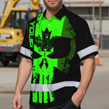 Hi Vis Hawaiian Shirt Reflective Tapes Green Skull CA Custom Name Safety Workwear For Workers, Truckers, Operators, Canadian