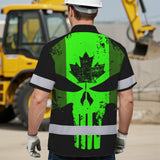 Hi Vis Hawaiian Shirt Reflective Tapes Green Skull CA Custom Name Safety Workwear For Workers, Truckers, Operators, Canadian