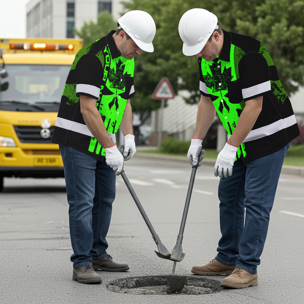 Hi Vis Hawaiian Shirt Reflective Tapes Green Skull CA Custom Name Safety Workwear For Workers, Truckers, Operators, Canadian