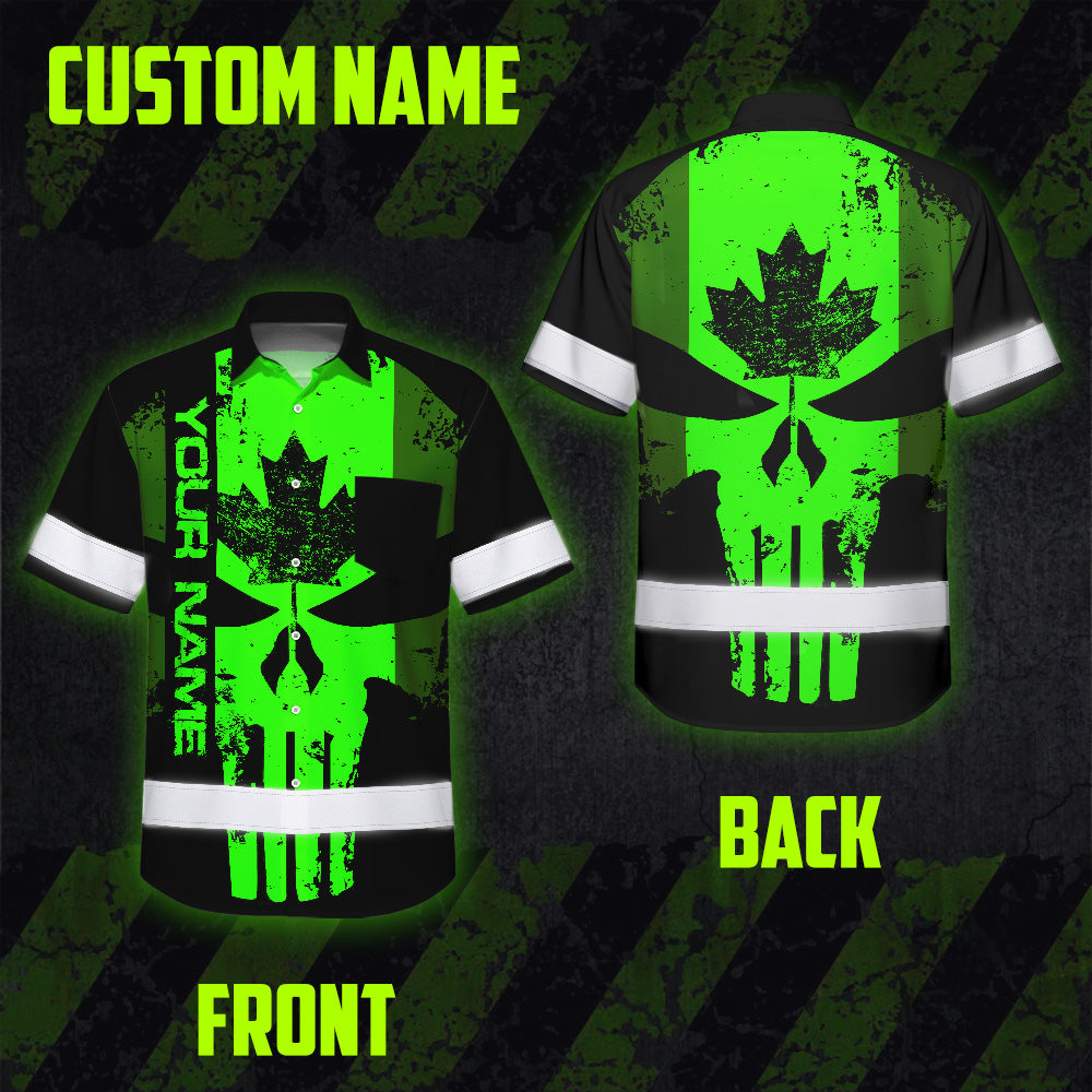 Hi Vis Hawaiian Shirt Reflective Tapes Green Skull CA Custom Name Safety Workwear For Workers, Truckers, Operators, Canadian