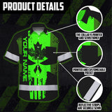 Hi Vis Hawaiian Shirt Reflective Tapes Green Skull CA Custom Name Safety Workwear For Workers, Truckers, Operators, Canadian