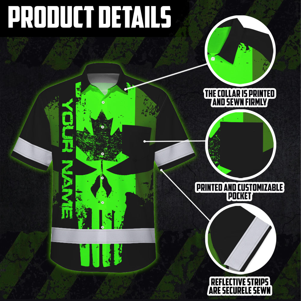 Hi Vis Hawaiian Shirt Reflective Tapes Green Skull CA Custom Name Safety Workwear For Workers, Truckers, Operators, Canadian