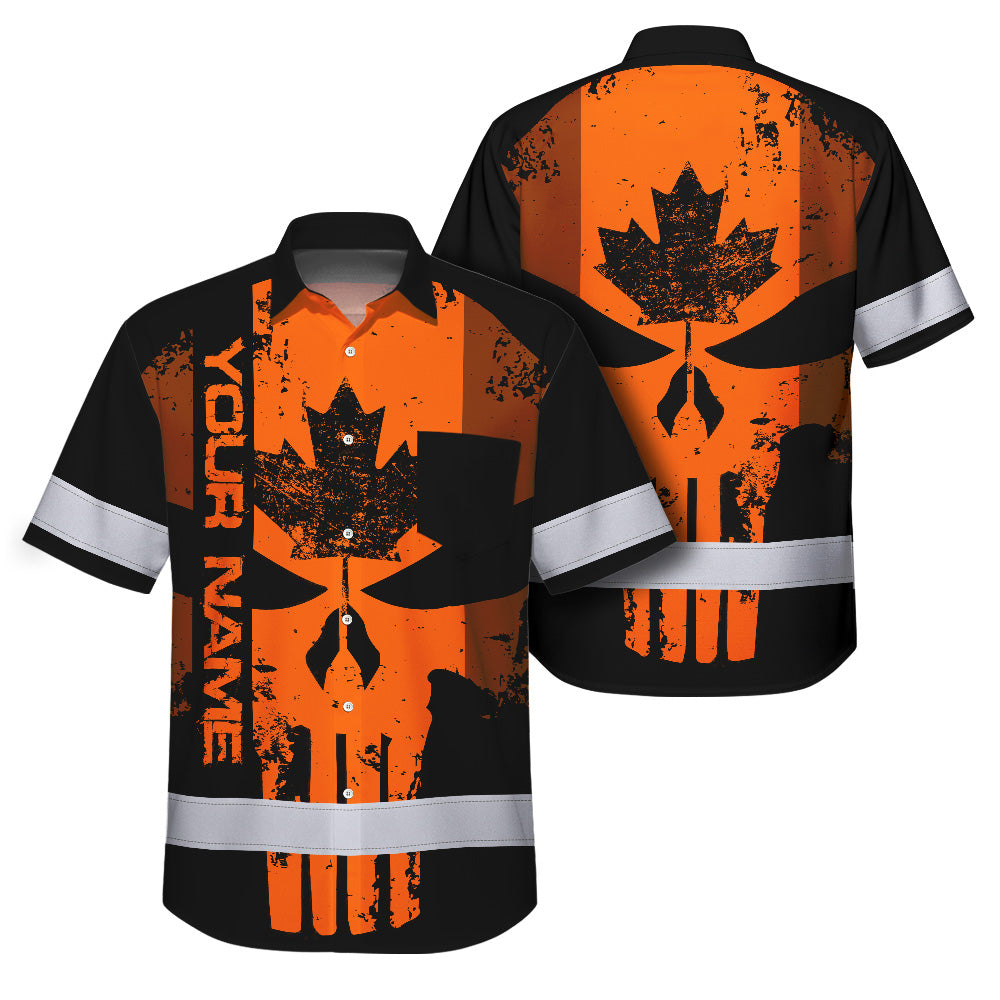 Hi Vis Hawaiian Shirt Reflective Tapes Orange Skull CA Custom Name Safety Workwear For Workers, Truckers, Operators, Canadian
