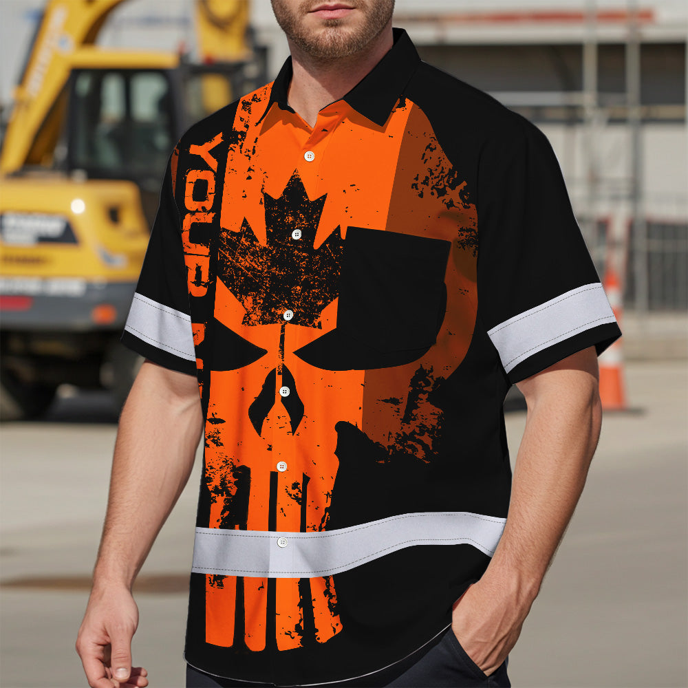 Hi Vis Hawaiian Shirt Reflective Tapes Orange Skull CA Custom Name Safety Workwear For Workers, Truckers, Operators, Canadian