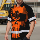 Hi Vis Hawaiian Shirt Reflective Tapes Orange Skull CA Custom Name Safety Workwear For Workers, Truckers, Operators, Canadian