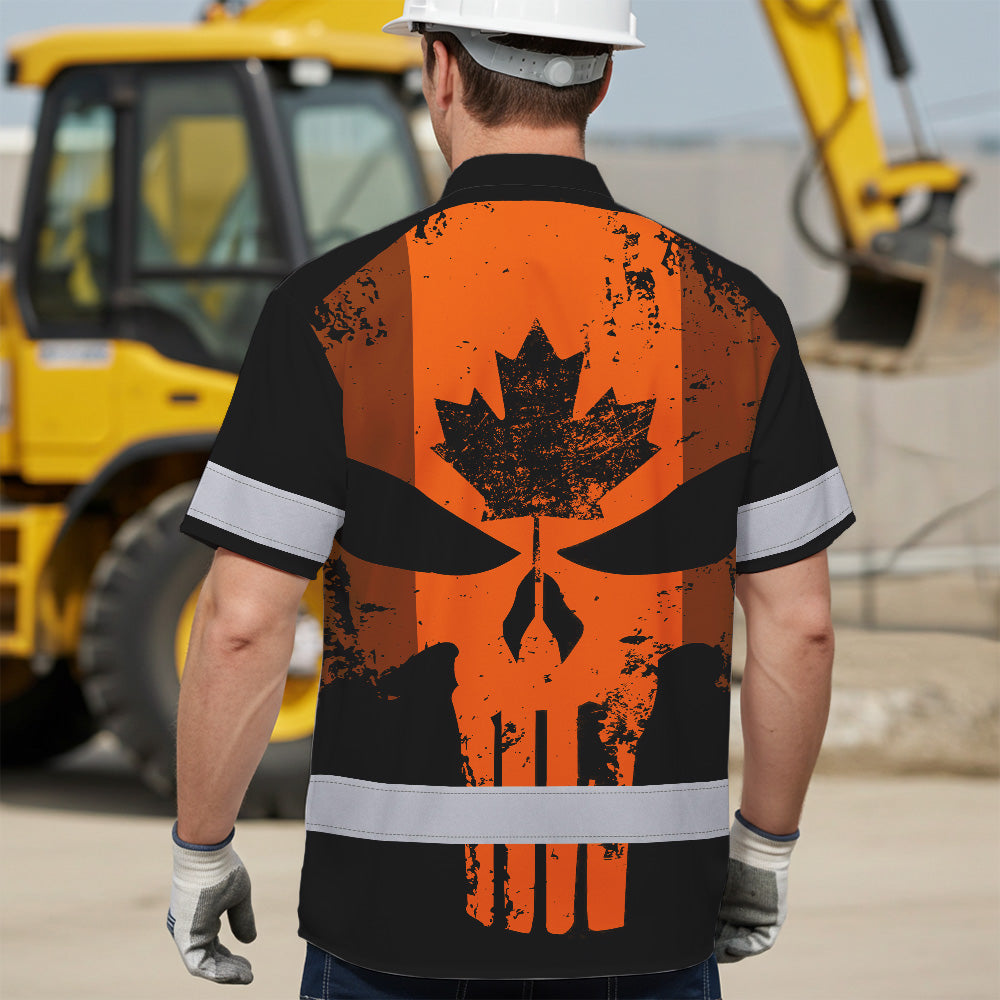 Hi Vis Hawaiian Shirt Reflective Tapes Orange Skull CA Custom Name Safety Workwear For Workers, Truckers, Operators, Canadian