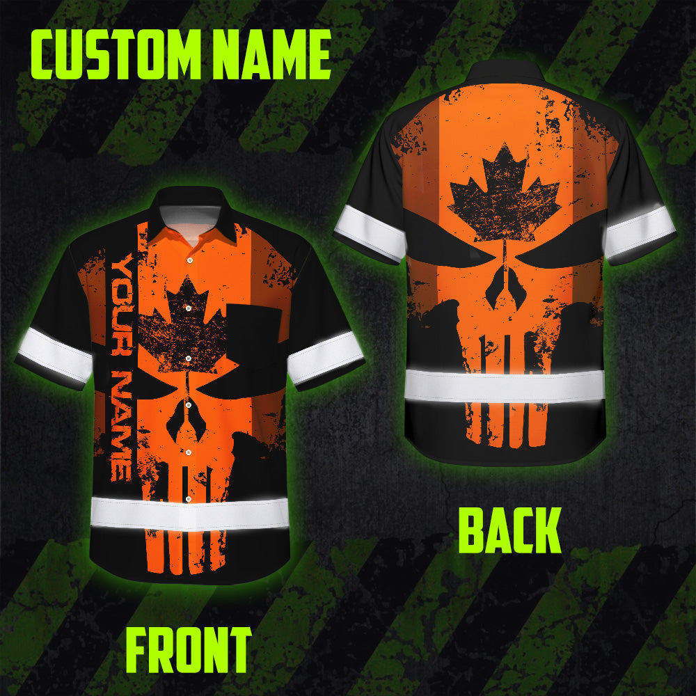 Hi Vis Hawaiian Shirt Reflective Tapes Orange Skull CA Custom Name Safety Workwear For Workers, Truckers, Operators, Canadian
