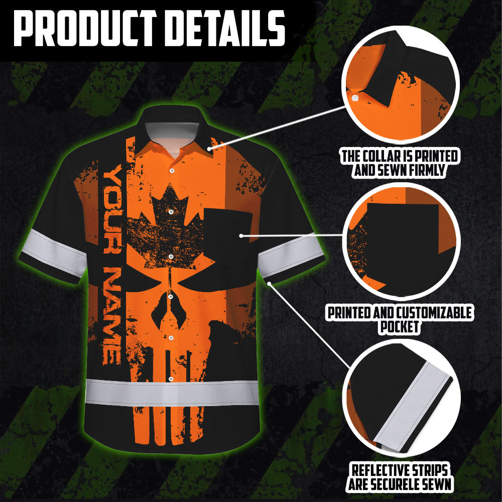 Hi Vis Hawaiian Shirt Reflective Tapes Orange Skull CA Custom Name Safety Workwear For Workers, Truckers, Operators, Canadian