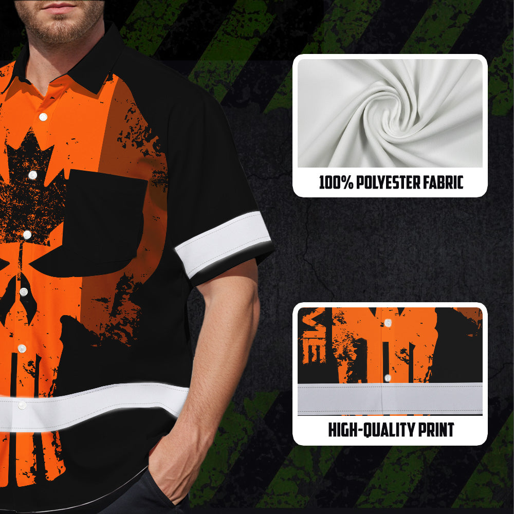 Hi Vis Hawaiian Shirt Reflective Tapes Orange Skull CA Custom Name Safety Workwear For Workers, Truckers, Operators, Canadian