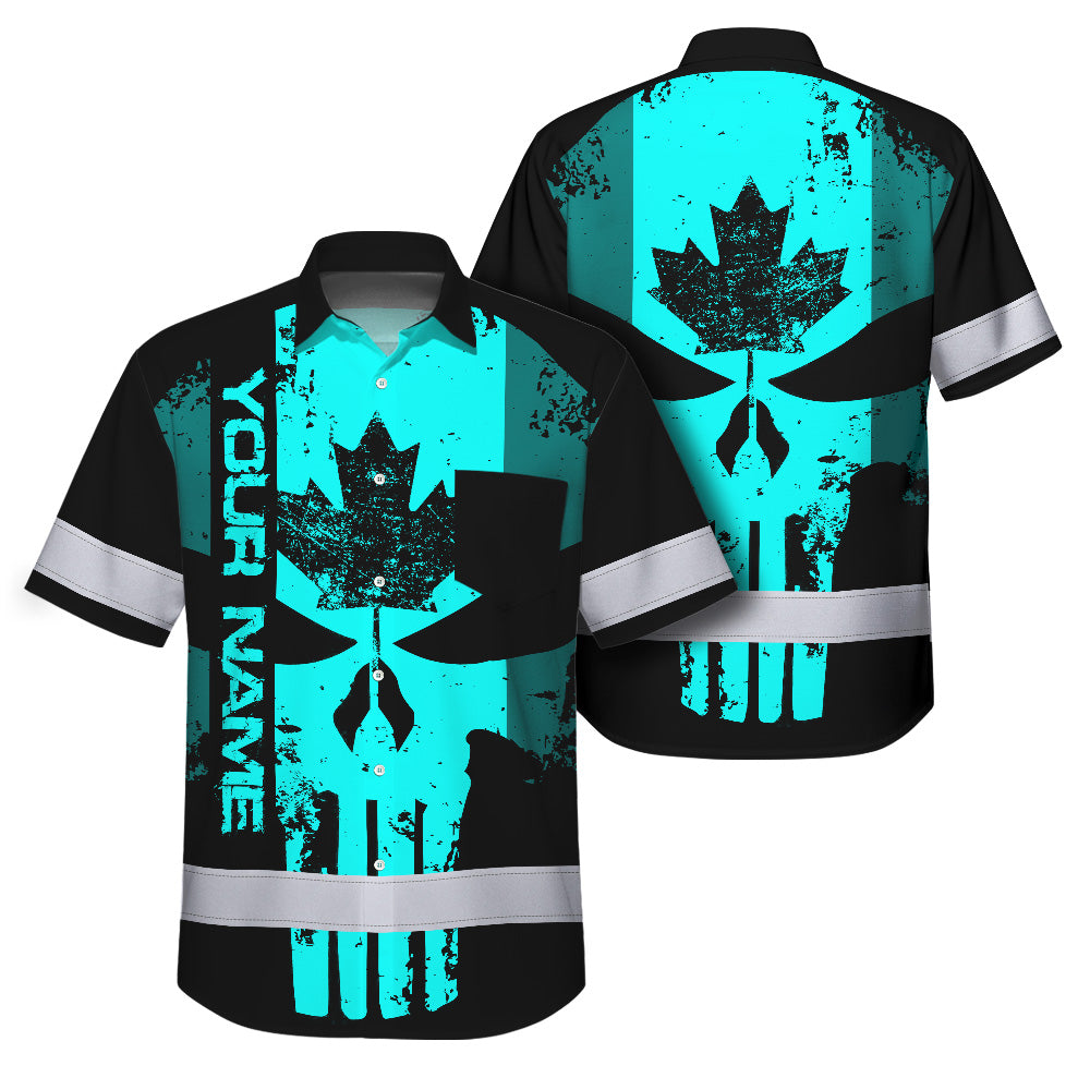 Hi Vis Hawaiian Shirt Reflective Tapes Blue Skull CA Custom Name Safety Workwear For Workers, Truckers, Operators, Canadian