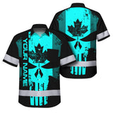 Hi Vis Hawaiian Shirt Reflective Tapes Blue Skull CA Custom Name Safety Workwear For Workers, Truckers, Operators, Canadian