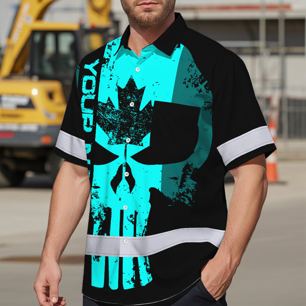 Hi Vis Hawaiian Shirt Reflective Tapes Blue Skull CA Custom Name Safety Workwear For Workers, Truckers, Operators, Canadian