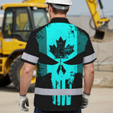 Hi Vis Hawaiian Shirt Reflective Tapes Blue Skull CA Custom Name Safety Workwear For Workers, Truckers, Operators, Canadian