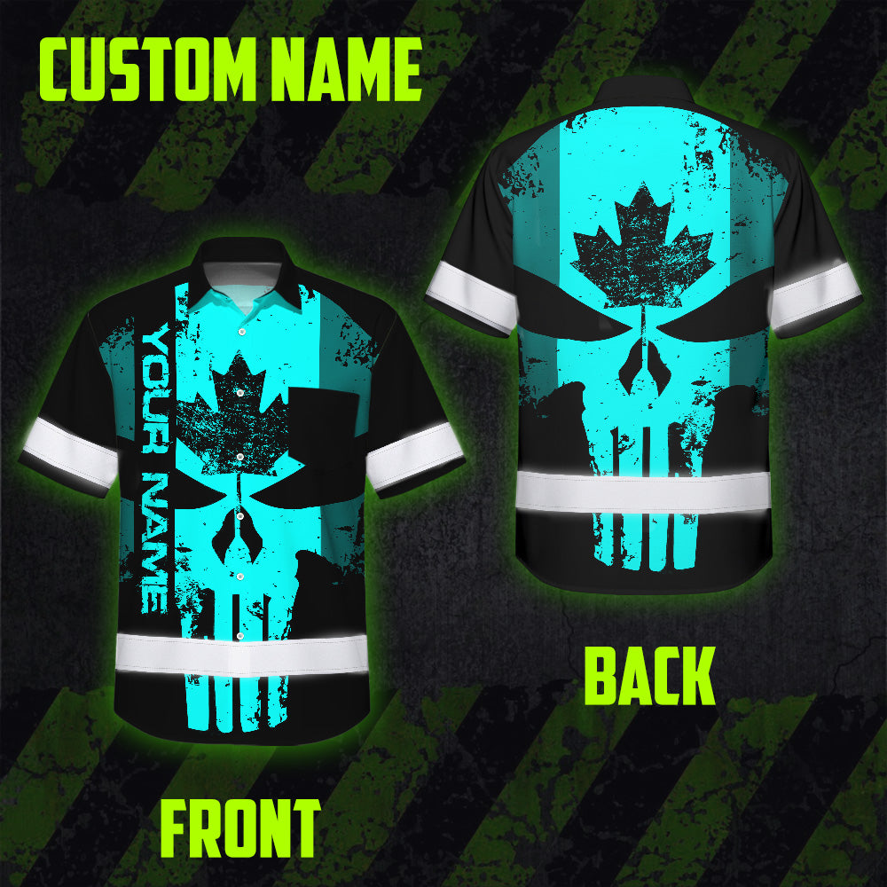 Hi Vis Hawaiian Shirt Reflective Tapes Blue Skull CA Custom Name Safety Workwear For Workers, Truckers, Operators, Canadian