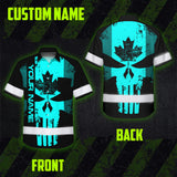 Hi Vis Hawaiian Shirt Reflective Tapes Blue Skull CA Custom Name Safety Workwear For Workers, Truckers, Operators, Canadian