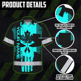 Hi Vis Hawaiian Shirt Reflective Tapes Blue Skull CA Custom Name Safety Workwear For Workers, Truckers, Operators, Canadian