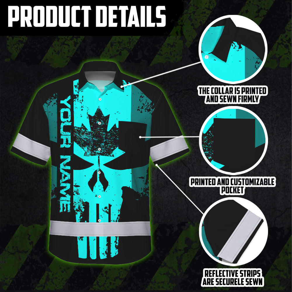 Hi Vis Hawaiian Shirt Reflective Tapes Blue Skull CA Custom Name Safety Workwear For Workers, Truckers, Operators, Canadian