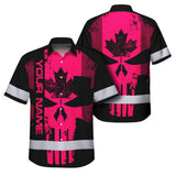 Hi Vis Hawaiian Shirt Reflective Tapes Pink Skull CA Custom Name Safety Workwear For Workers, Truckers, Operators, Canadian