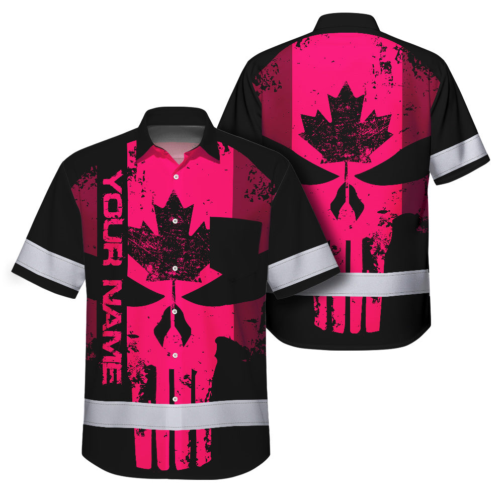 Hi Vis Hawaiian Shirt Reflective Tapes Pink Skull CA Custom Name Safety Workwear For Workers, Truckers, Operators, Canadian