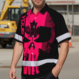 Hi Vis Hawaiian Shirt Reflective Tapes Pink Skull CA Custom Name Safety Workwear For Workers, Truckers, Operators, Canadian