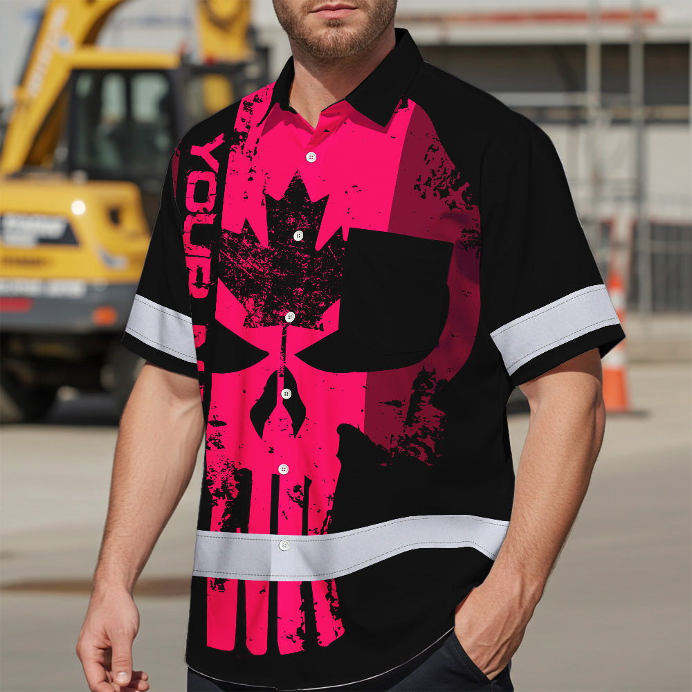 Hi Vis Hawaiian Shirt Reflective Tapes Pink Skull CA Custom Name Safety Workwear For Workers, Truckers, Operators, Canadian