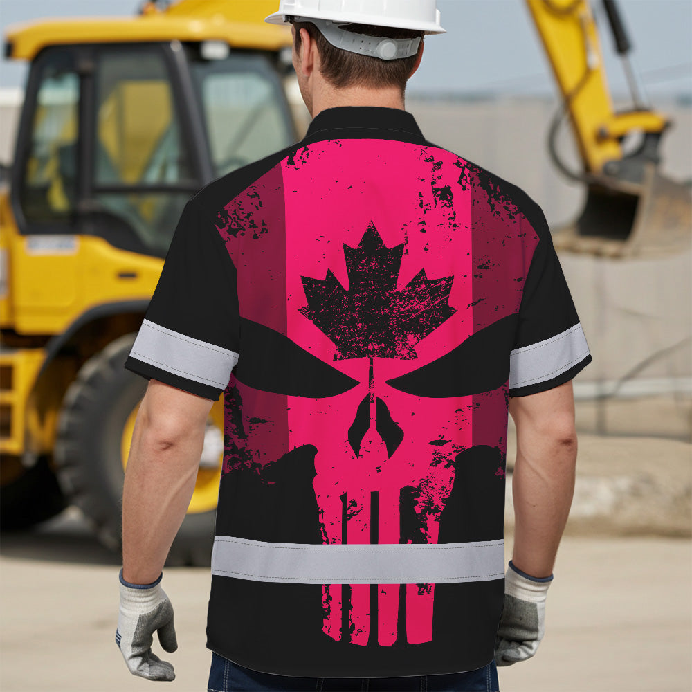 Hi Vis Hawaiian Shirt Reflective Tapes Pink Skull CA Custom Name Safety Workwear For Workers, Truckers, Operators, Canadian