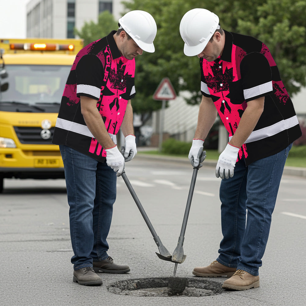 Hi Vis Hawaiian Shirt Reflective Tapes Pink Skull CA Custom Name Safety Workwear For Workers, Truckers, Operators, Canadian