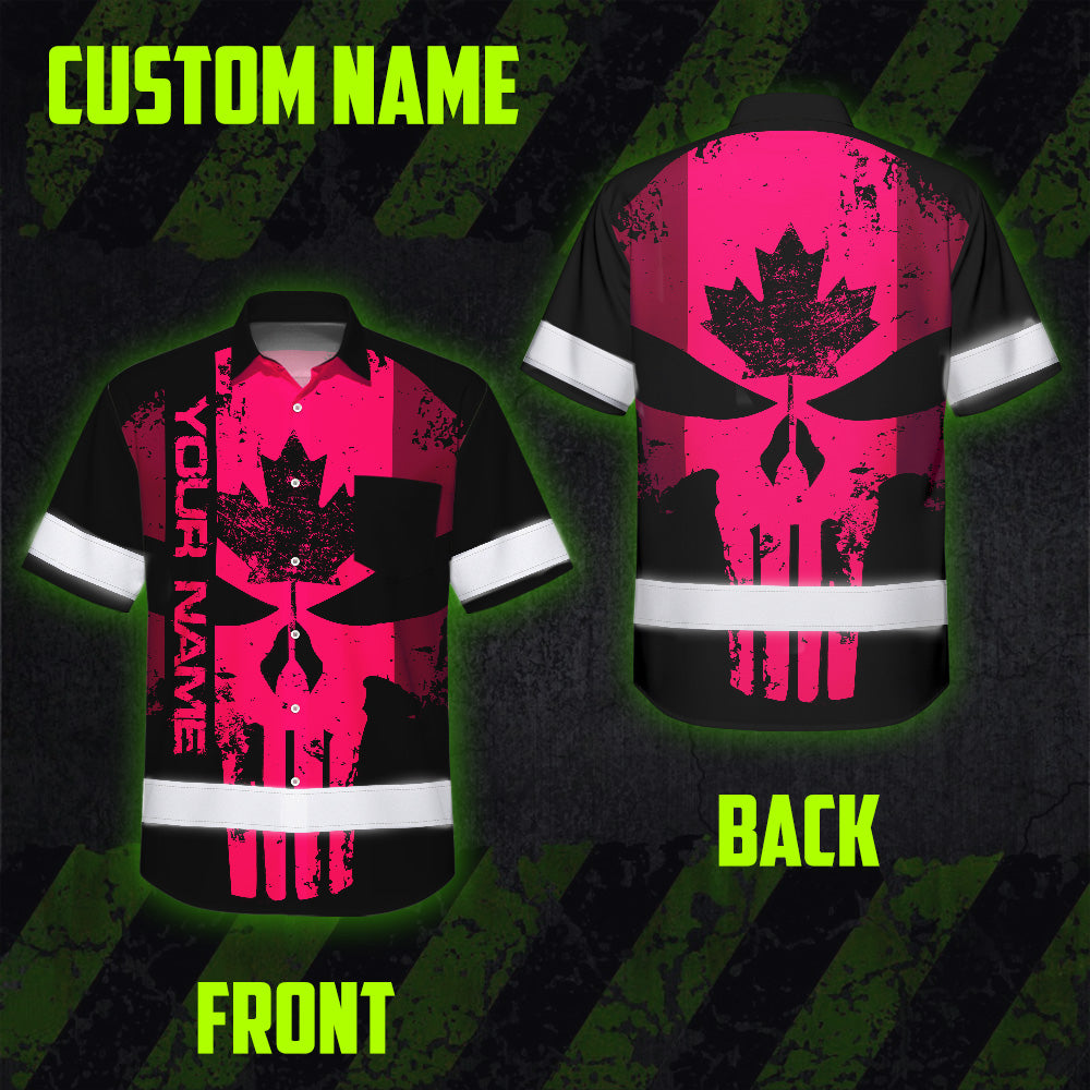 Hi Vis Hawaiian Shirt Reflective Tapes Pink Skull CA Custom Name Safety Workwear For Workers, Truckers, Operators, Canadian