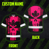Hi Vis Hawaiian Shirt Reflective Tapes Pink Skull CA Custom Name Safety Workwear For Workers, Truckers, Operators, Canadian