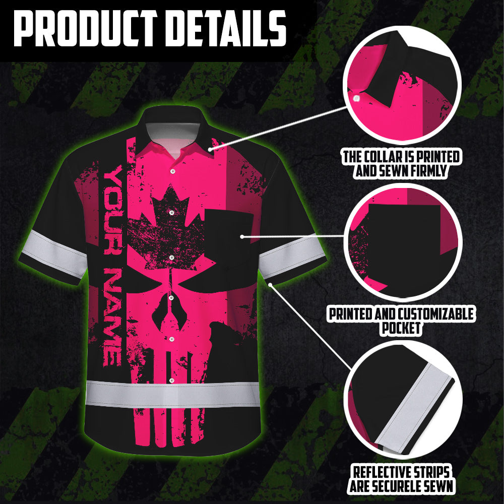 Hi Vis Hawaiian Shirt Reflective Tapes Pink Skull CA Custom Name Safety Workwear For Workers, Truckers, Operators, Canadian